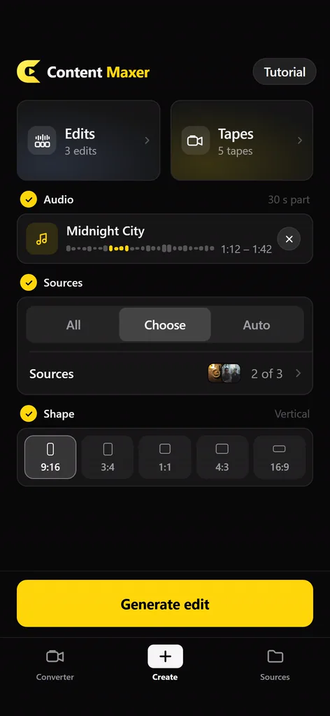 Content Maxer Create screen: a song, two Sources and the 9:16 format, ready to generate