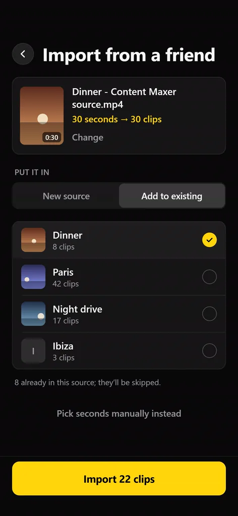 Import from a friend: a shared source video becomes 30 clips