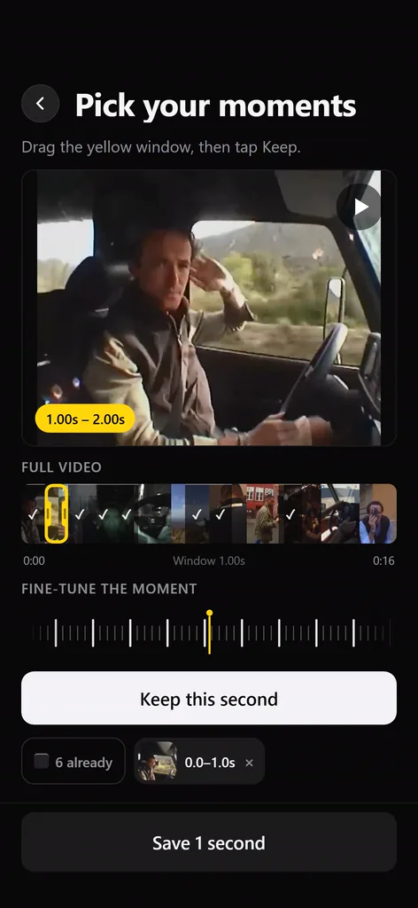 Pick your moments: a one-second window on the video timeline with a Keep this second button